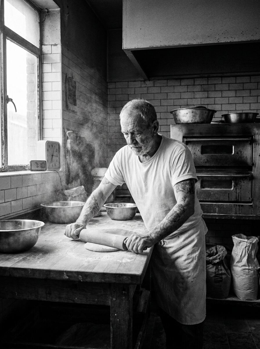 Baker rolling dough at Main Beach Bakery
